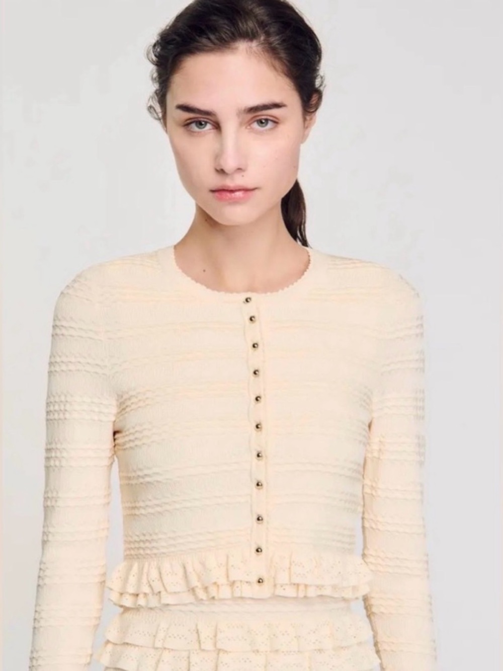 Sandro set Cream Knit Maxi Dress and Cardigan with Tiered Ruffle Panels - Picture 2 of 7